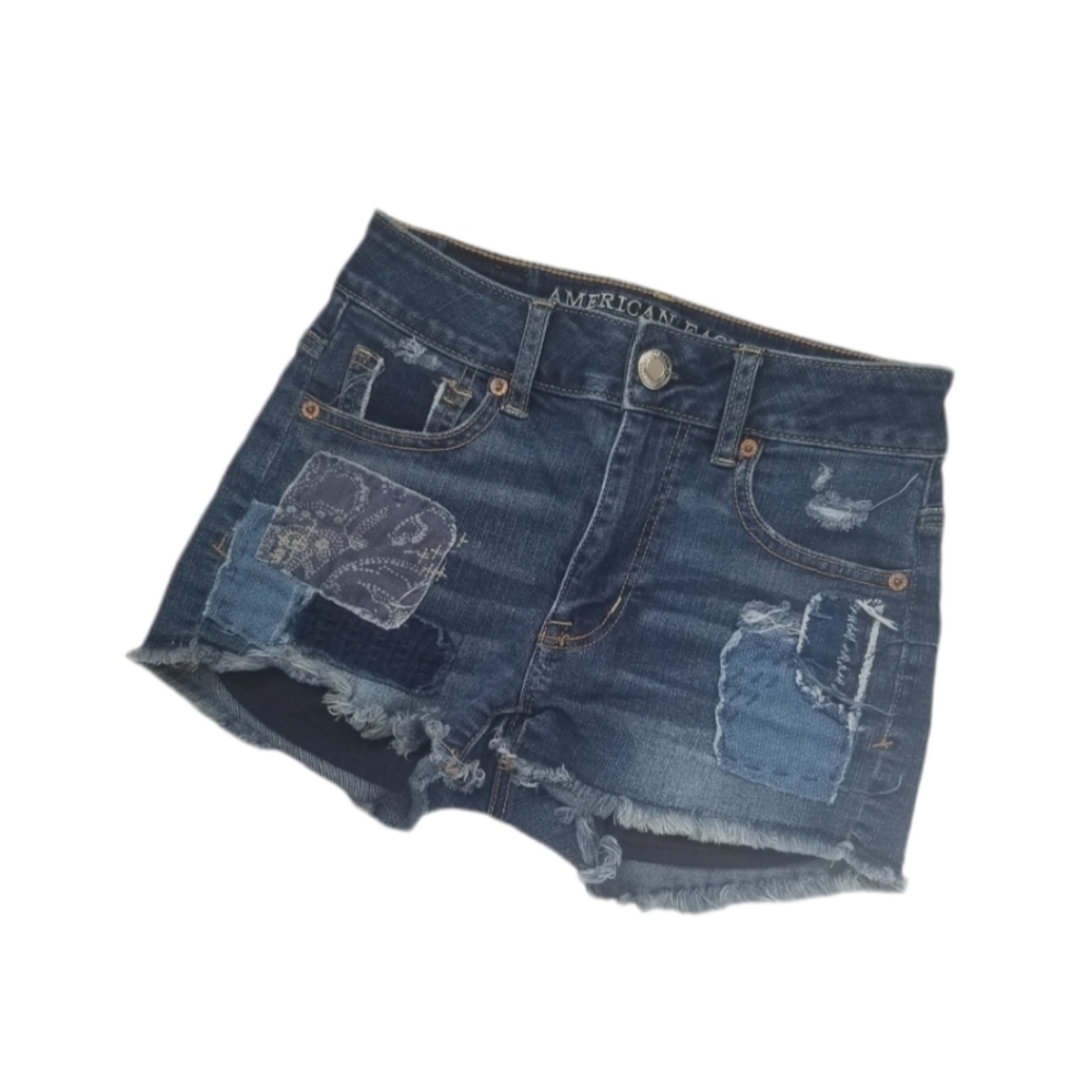 American Eagle Distressed Patchwork Hi-Rise Shortie Super Stretch Shorts Size 00